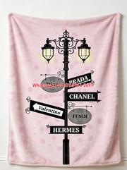 Prada Luxury Street Sign Print Light Pink Black Fleece Sofa Throw Blanket IMG_2700
